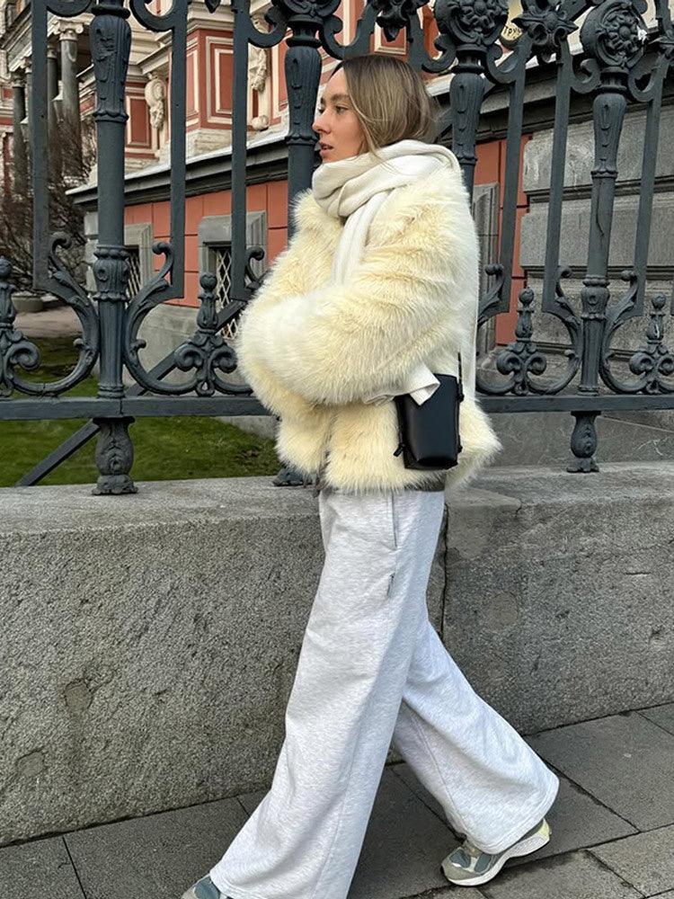 Light yellow cropped faux fur jacket with wide notch lapel - View 11 | WEUXS