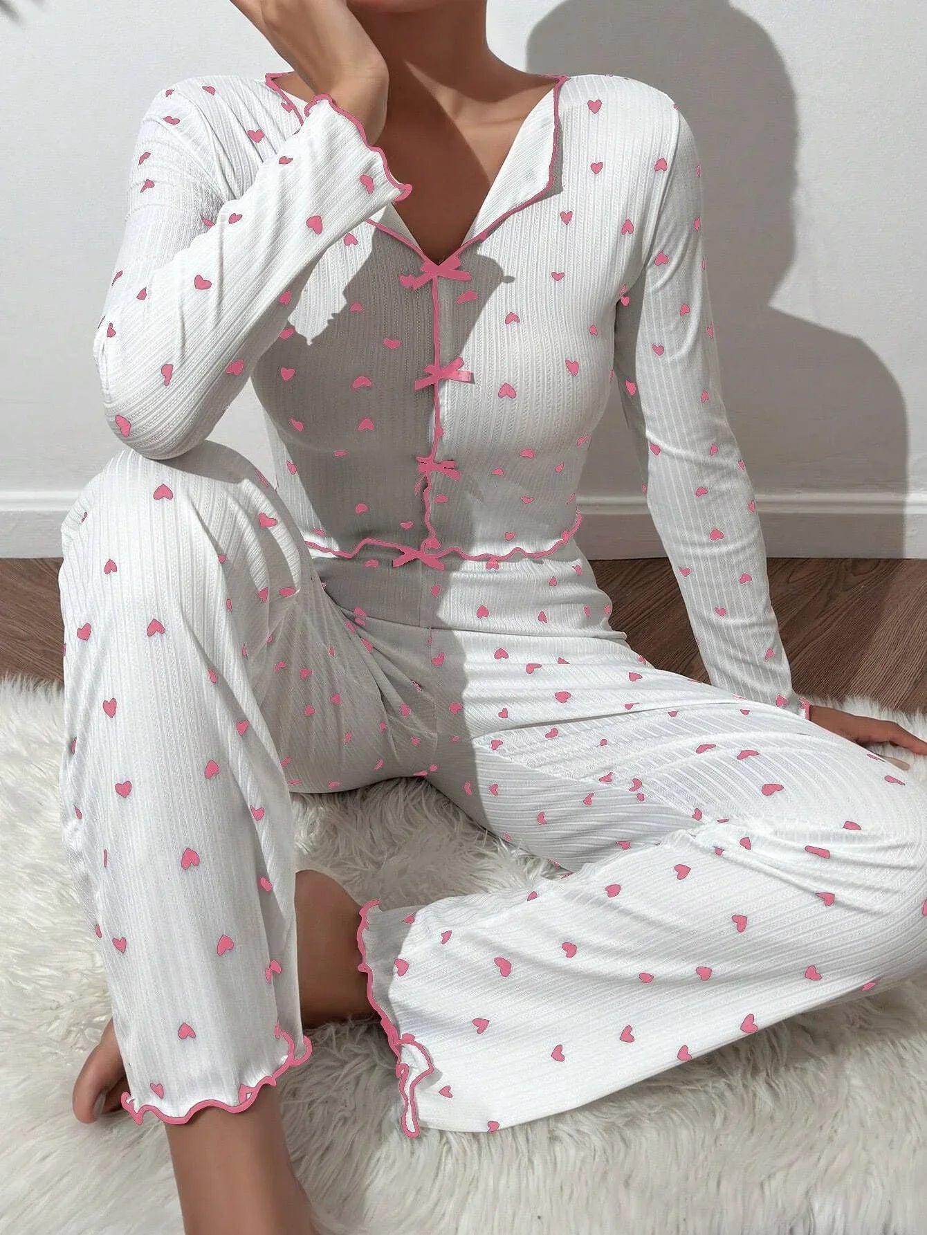 Ribbed Heart Print Pajama Set - View 7 | WEUXS