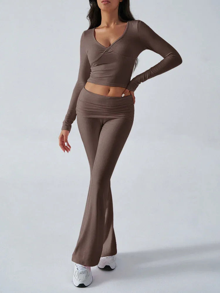 V-Neck Crop Top and Fold-Over Flare Pants Set - View 14 | WEUXS