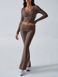 V-Neck Crop Top and Fold-Over Flare Pants Set - View 14 | WEUXS