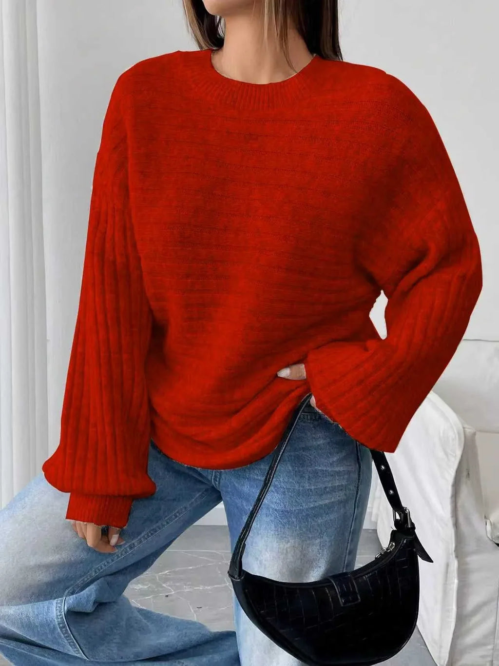 Ribbed knit sweater with lantern sleeves - View 9 | WEUXS