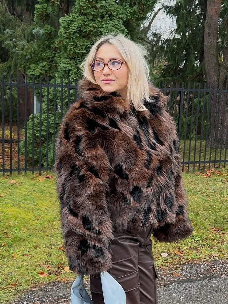 Faux fur cropped jacket with animal print - View 7 | WEUXS