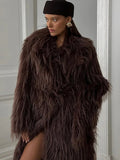 Luxe Espresso Shaggy Faux Fur Long Coat - WEUXS
