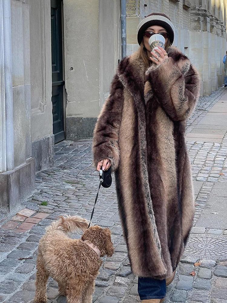Vintage-Inspired Striped Faux Fur Long Coat - WEUXS
