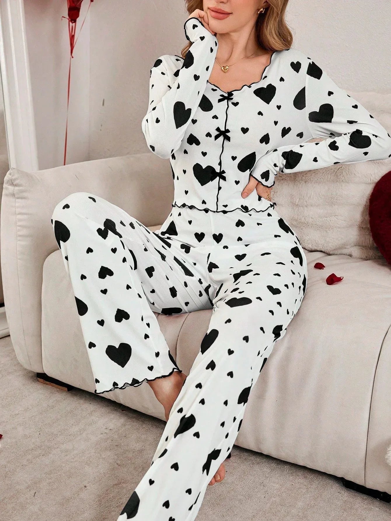 Ribbed heart print pajama set - View 16 | WEUXS