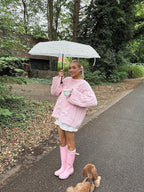 Woman wearing a pink chunky cable knit sweater - View 12 | WEUXS