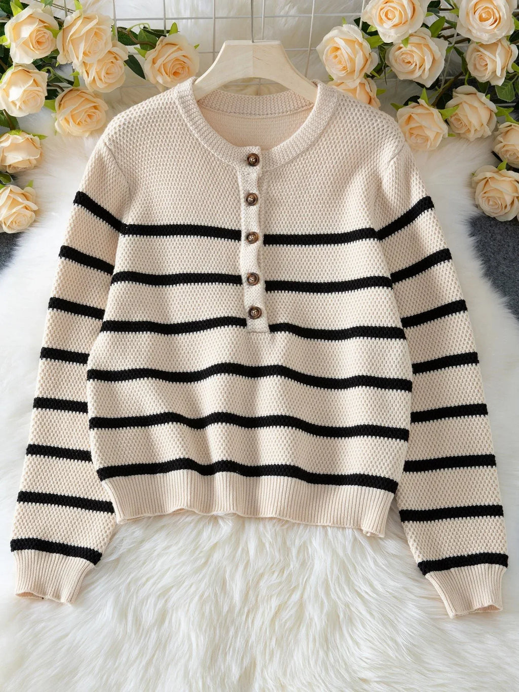 Waffle Knit Henley Sweater in Cream with Black Stripes - View 6 | WEUXS