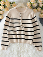 Waffle Knit Henley Sweater in Cream with Black Stripes - View 6 | WEUXS