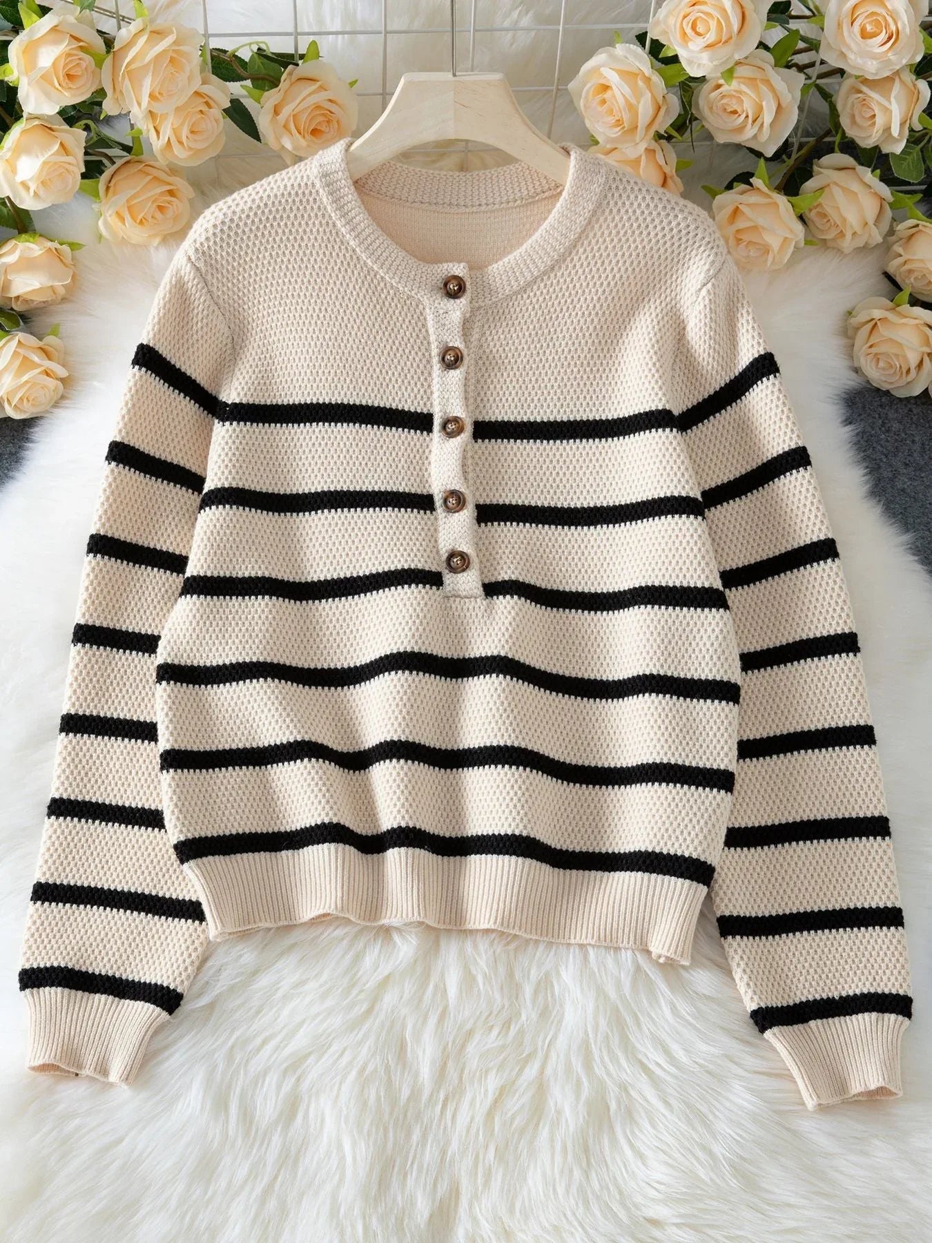 Waffle Knit Henley Sweater in Cream with Black Stripes - View 6 | WEUXS
