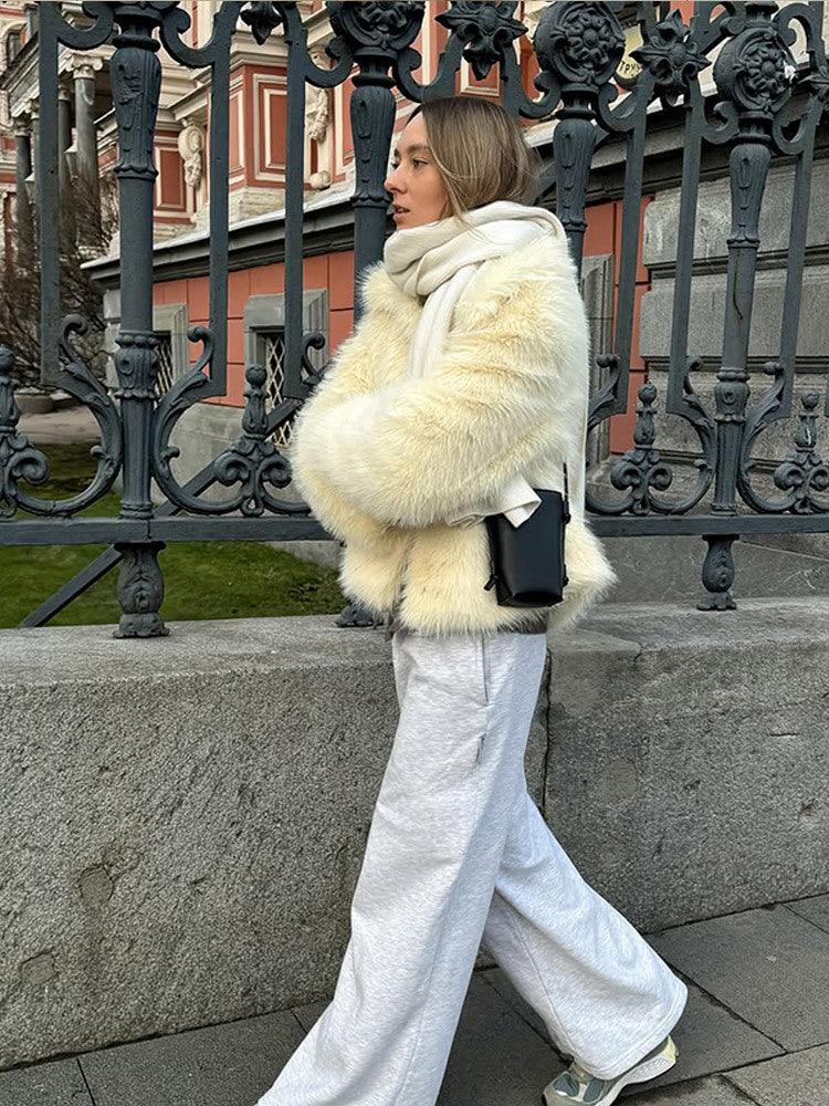 Light yellow cropped faux fur jacket with wide notch lapel - View 8 | WEUXS