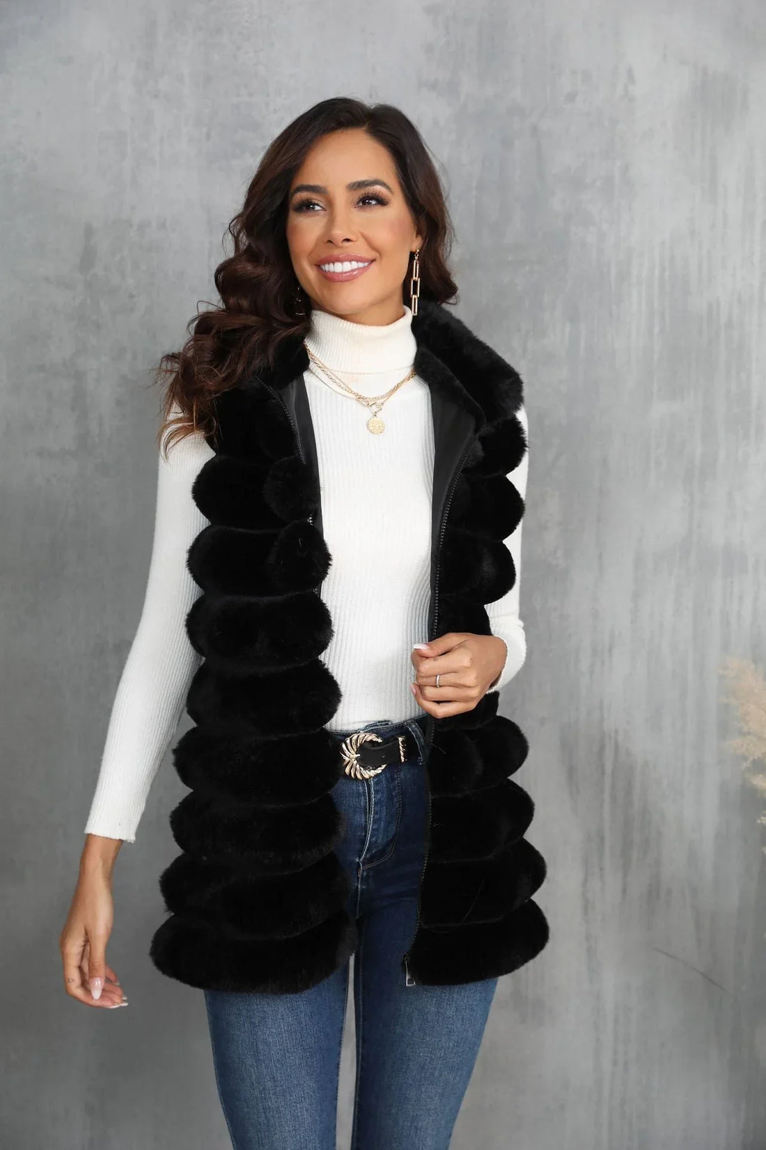Opulent Onyx Tiered Faux Fur Vest - WEUXS
