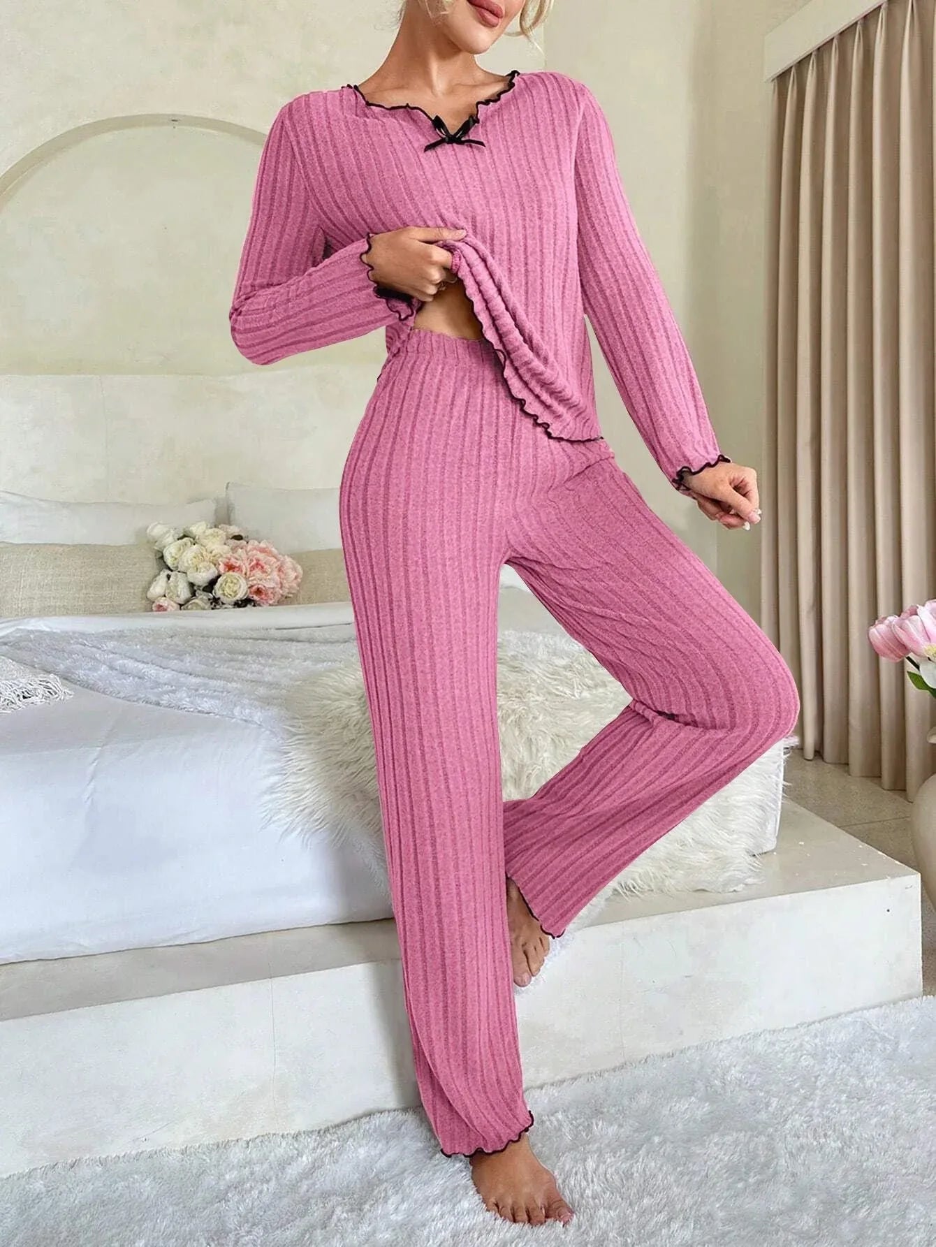 Ribbed Pajama Set with Contrast Trim and Bow - View 22 | WEUXS