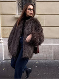 Luxe Espresso Shaggy Faux Fur Round Neck Jacket - WEUXS