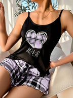 Plaid Heart Print Cami & Shorts Loungewear Set - View 18 | WEUXS