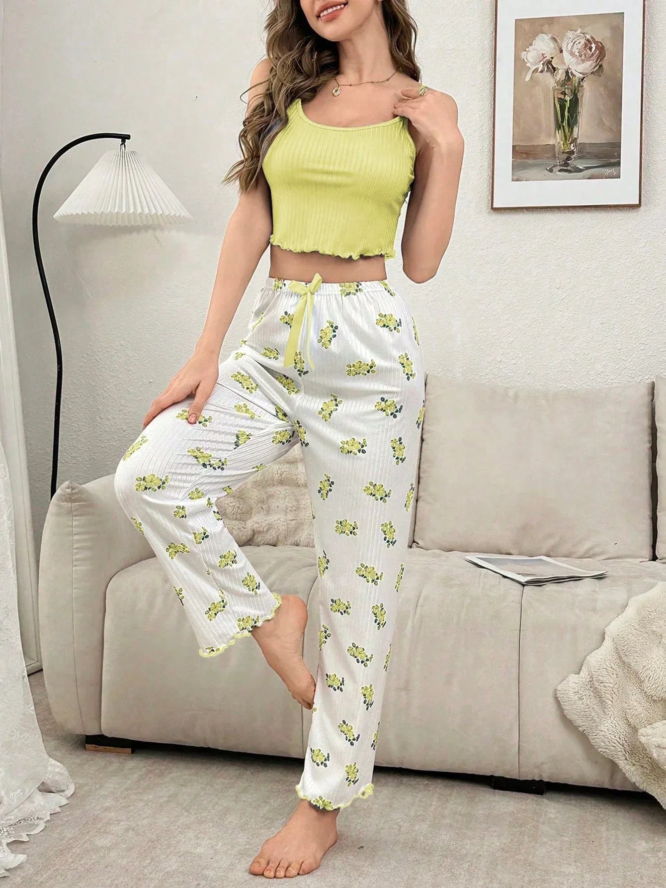 Pink Ribbed Cami & Floral Pants Set - WEUXS