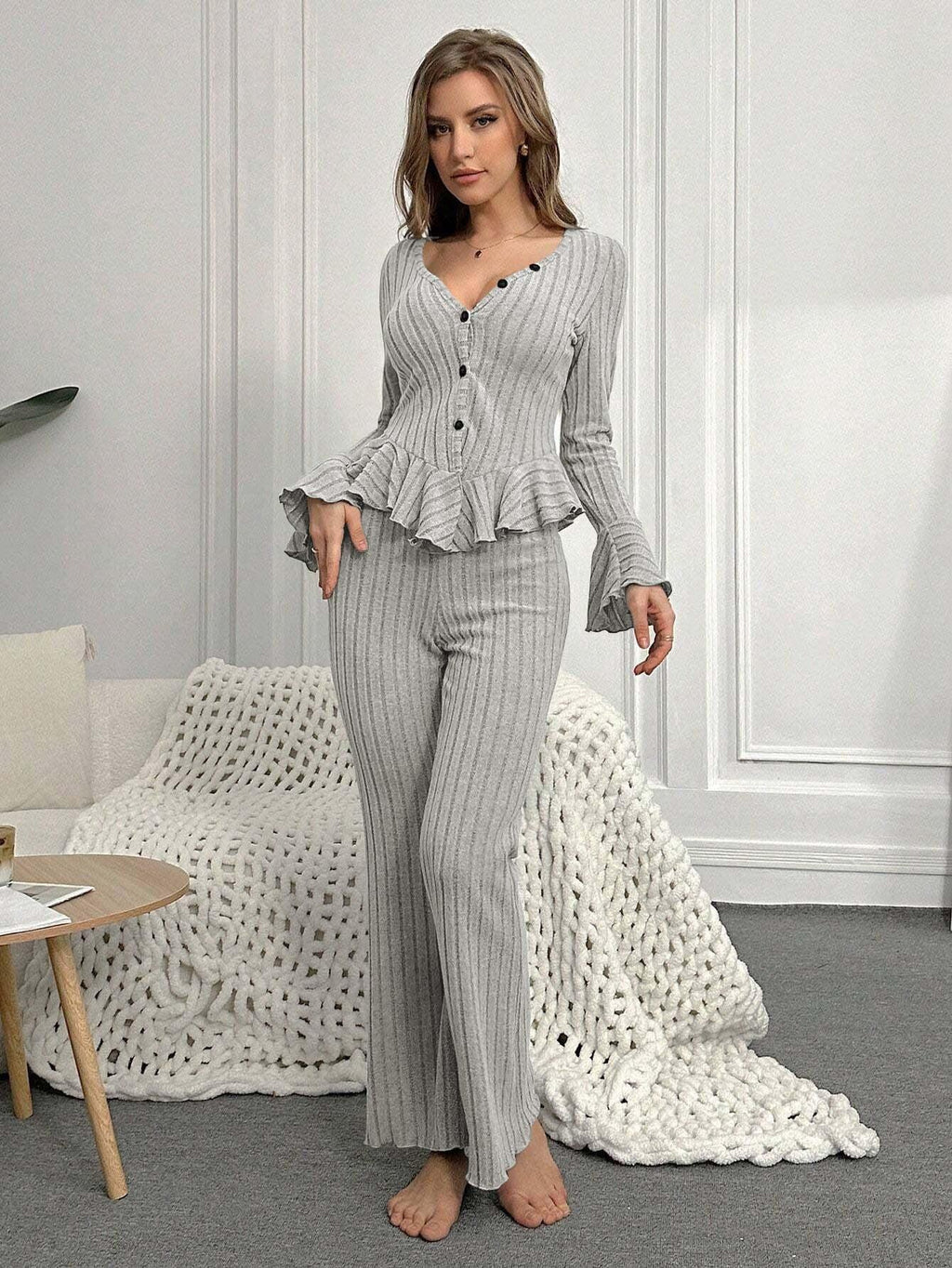 Ribbed Peplum Knit Lounge Set - View 18 | WEUXS
