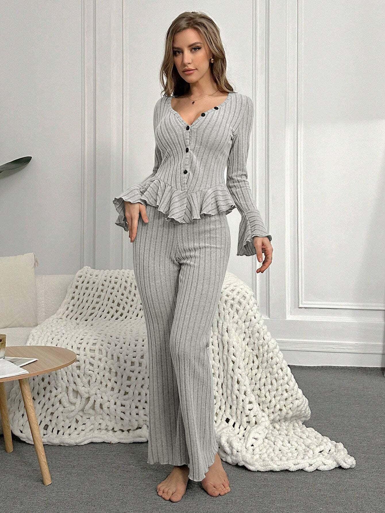 Ribbed Peplum Knit Lounge Set - View 18 | WEUXS