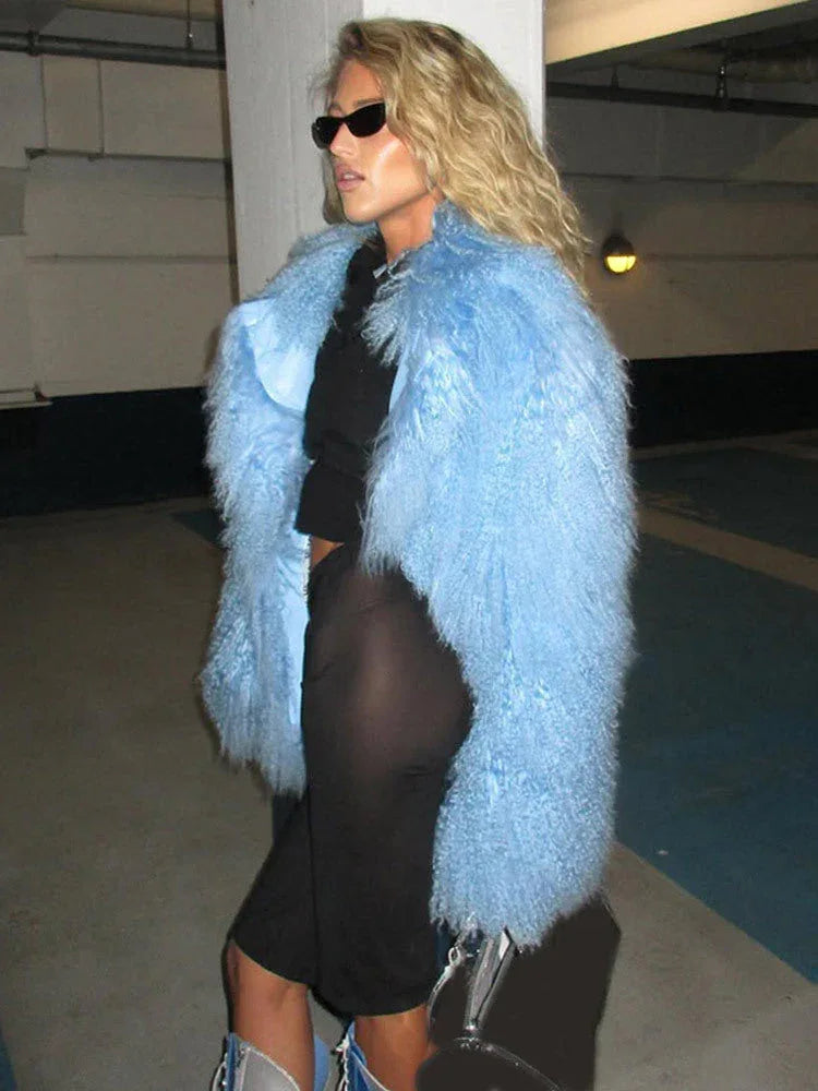 Icy Blue Mongolian Style Shaggy Faux Fur Jacket - WEUXS