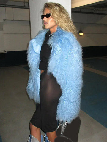 Icy Blue Mongolian Style Shaggy Faux Fur Jacket - WEUXS