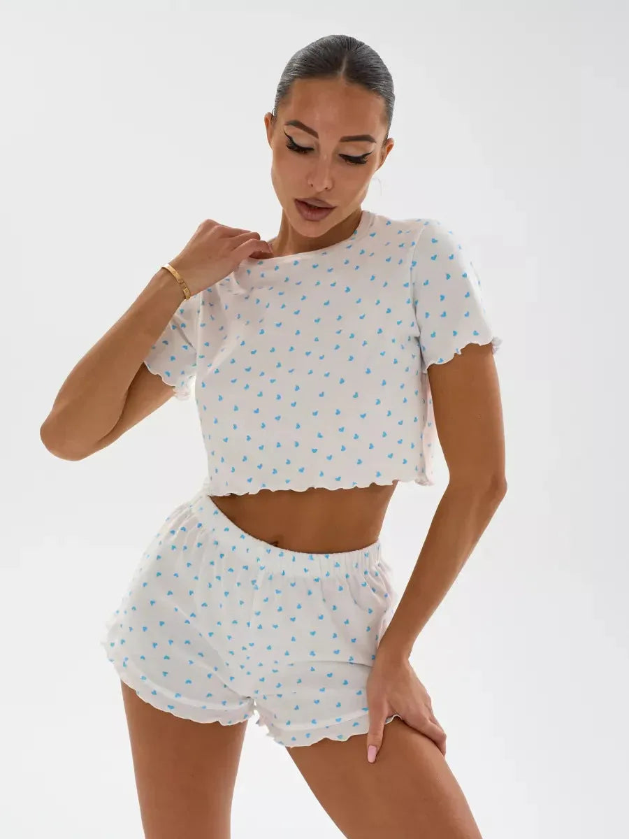 Ditsy Heart Print Ribbed Tee & Shorts Set - View 22 | WEUXS