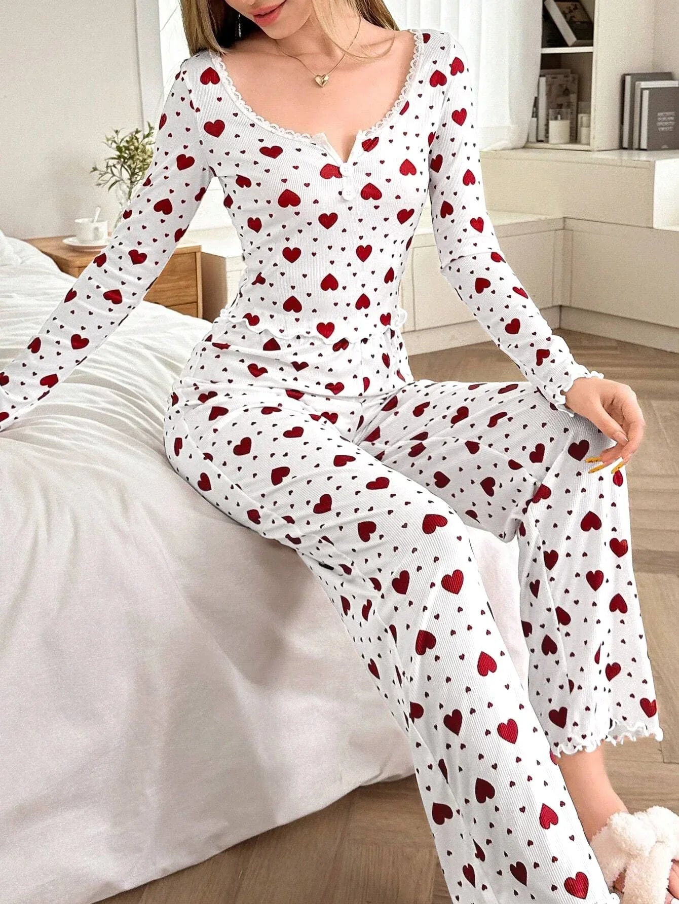 Ribbed Heart Print Pajama Set - View 39 | WEUXS