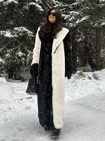 Avant-Garde Black & White Vertical Stripe Faux Fur Maxi Coat - WEUXS