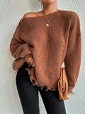 Distressed Raw Hem Oversized Knit Sweater - WEUXS