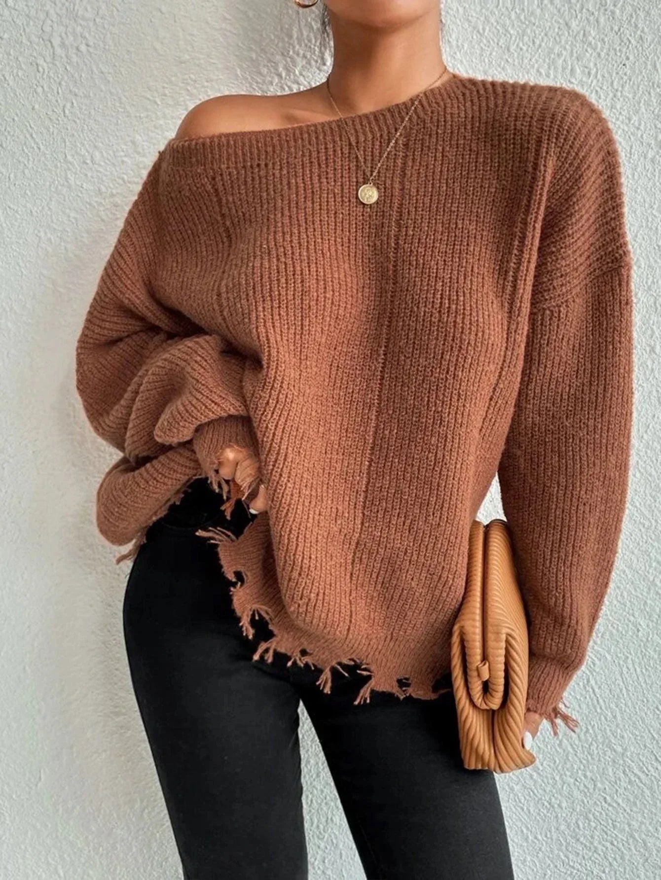 Distressed Raw Hem Oversized Knit Sweater - WEUXS