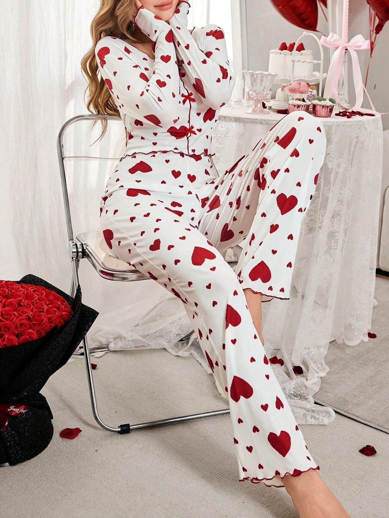 Ribbed heart print pajama set - View 6 | WEUXS