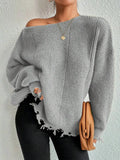 Distressed Raw Hem Oversized Knit Sweater - WEUXS