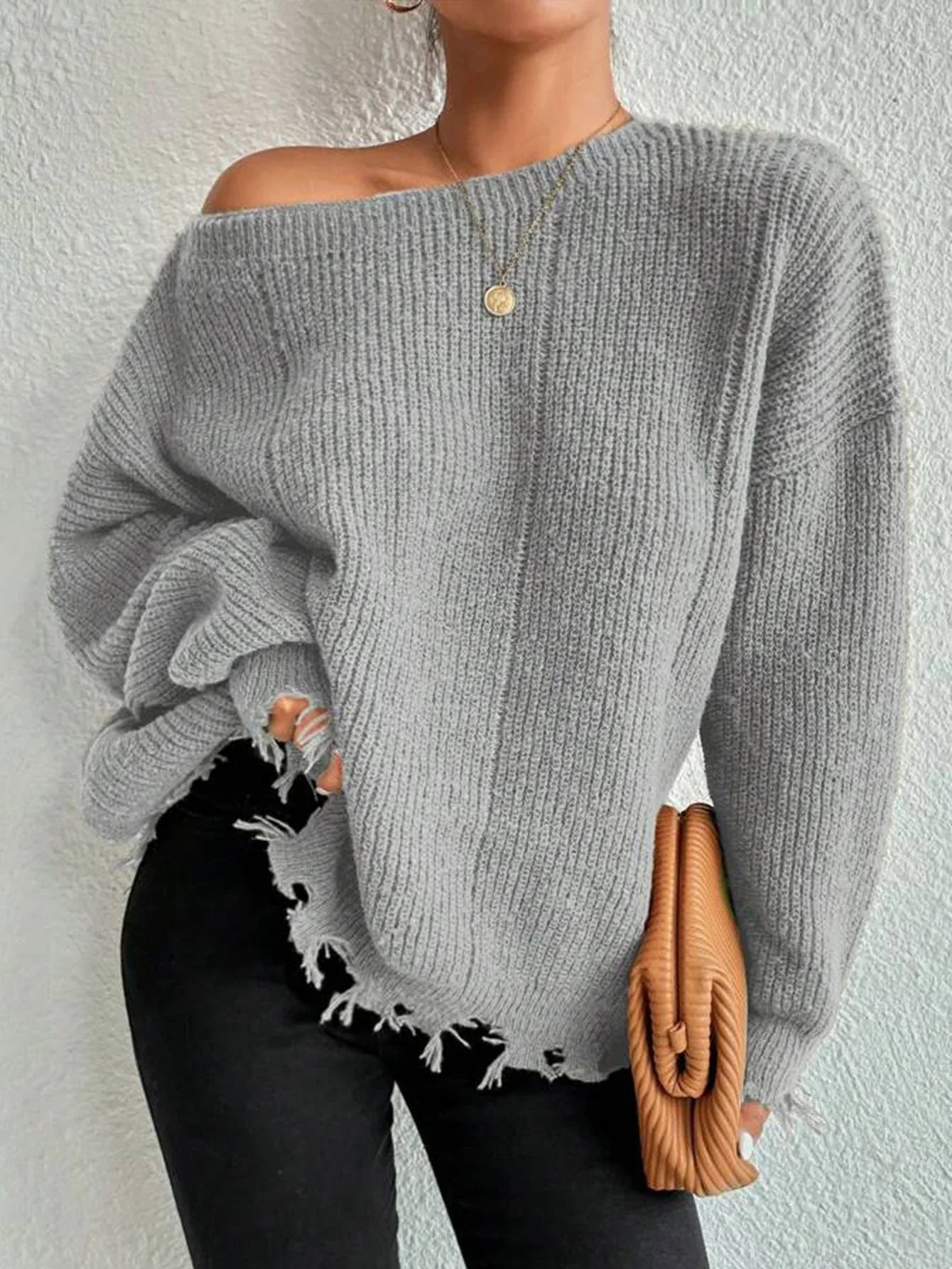 Distressed Raw Hem Oversized Knit Sweater - WEUXS
