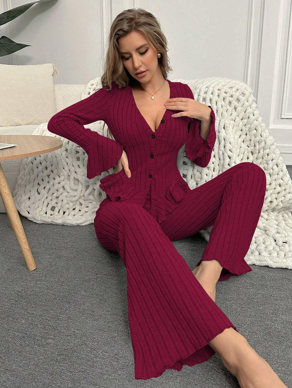 Ribbed Peplum Knit Lounge Set - View 13 | WEUXS