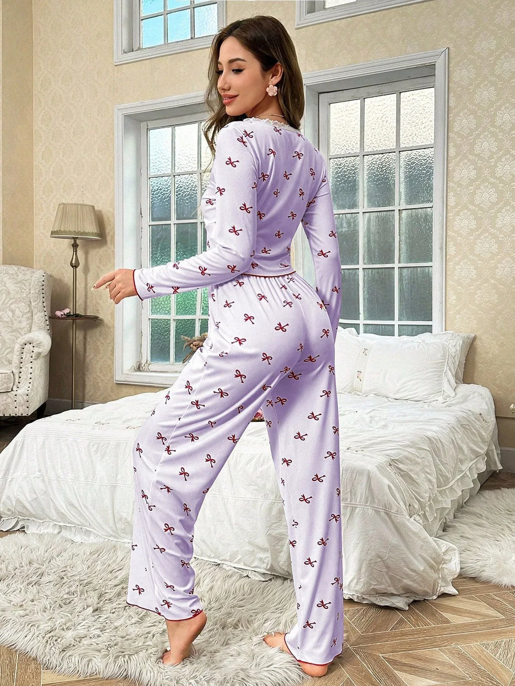 Ribbed Pajama Set with Bow Print - View 20 | WEUXS