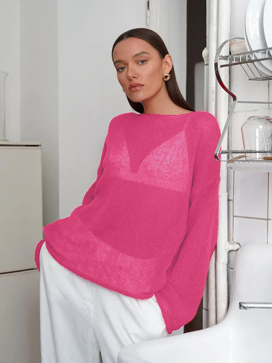 Oversized knit pullover sweater with boat neckline - View 23 | WEUXS