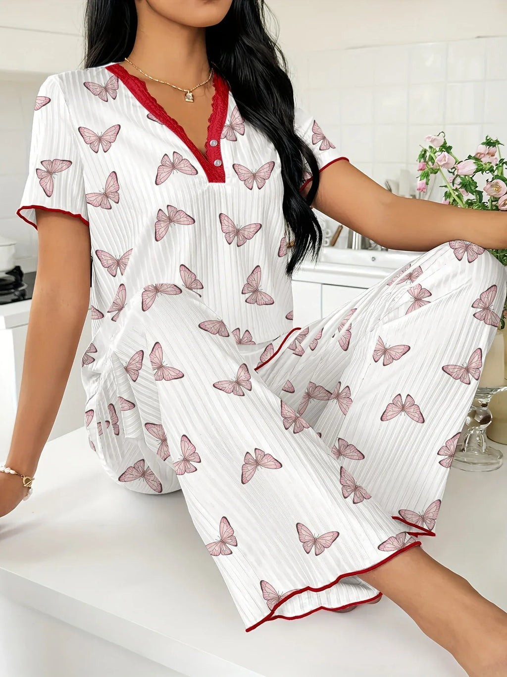 Heart Print Ribbed Lounge Set - View 7 | WEUXS