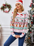 woman in pink festive knit sweater with holiday print