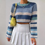 Striped crochet crop sweater - View 6 | WEUXS