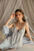 Celestial Silver Satin Lace Nightgown - WEUXS