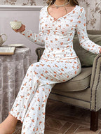 Coquette Ditsy Floral Ribbed Knit Pajama Set - WEUXS