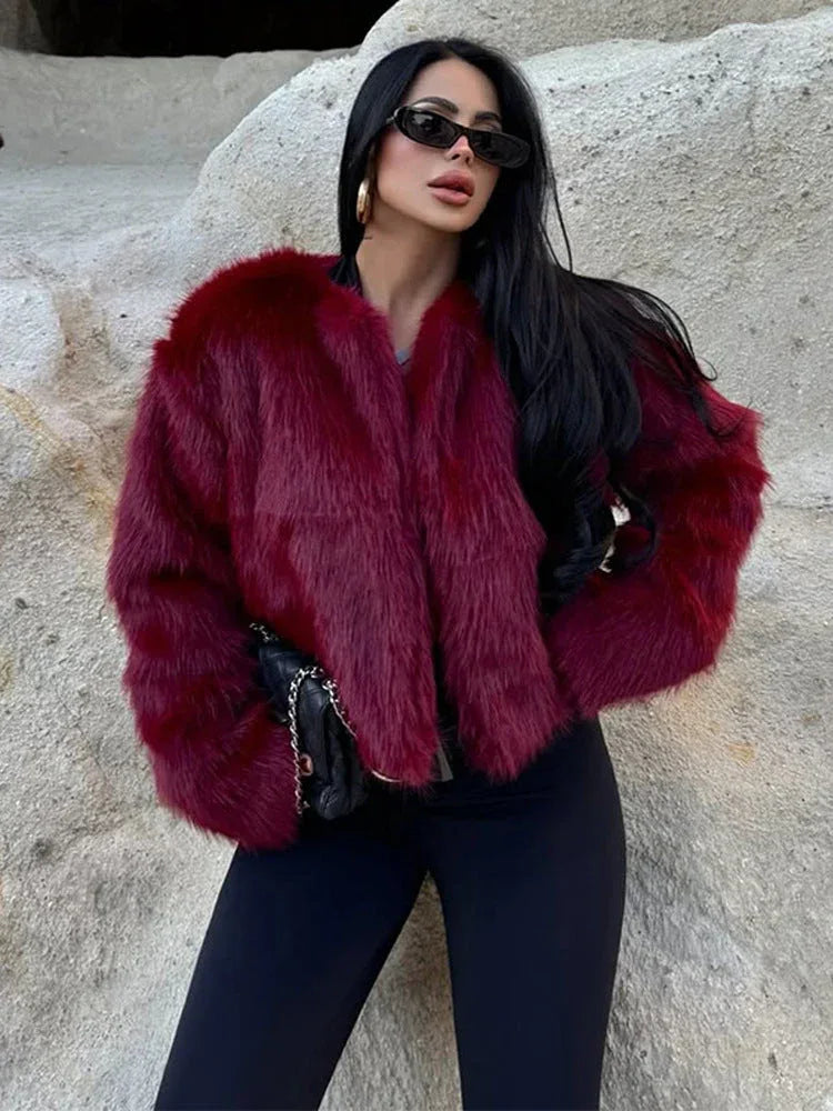 Luxe Burgundy Shaggy Faux Fur Cropped Jacket - WEUXS