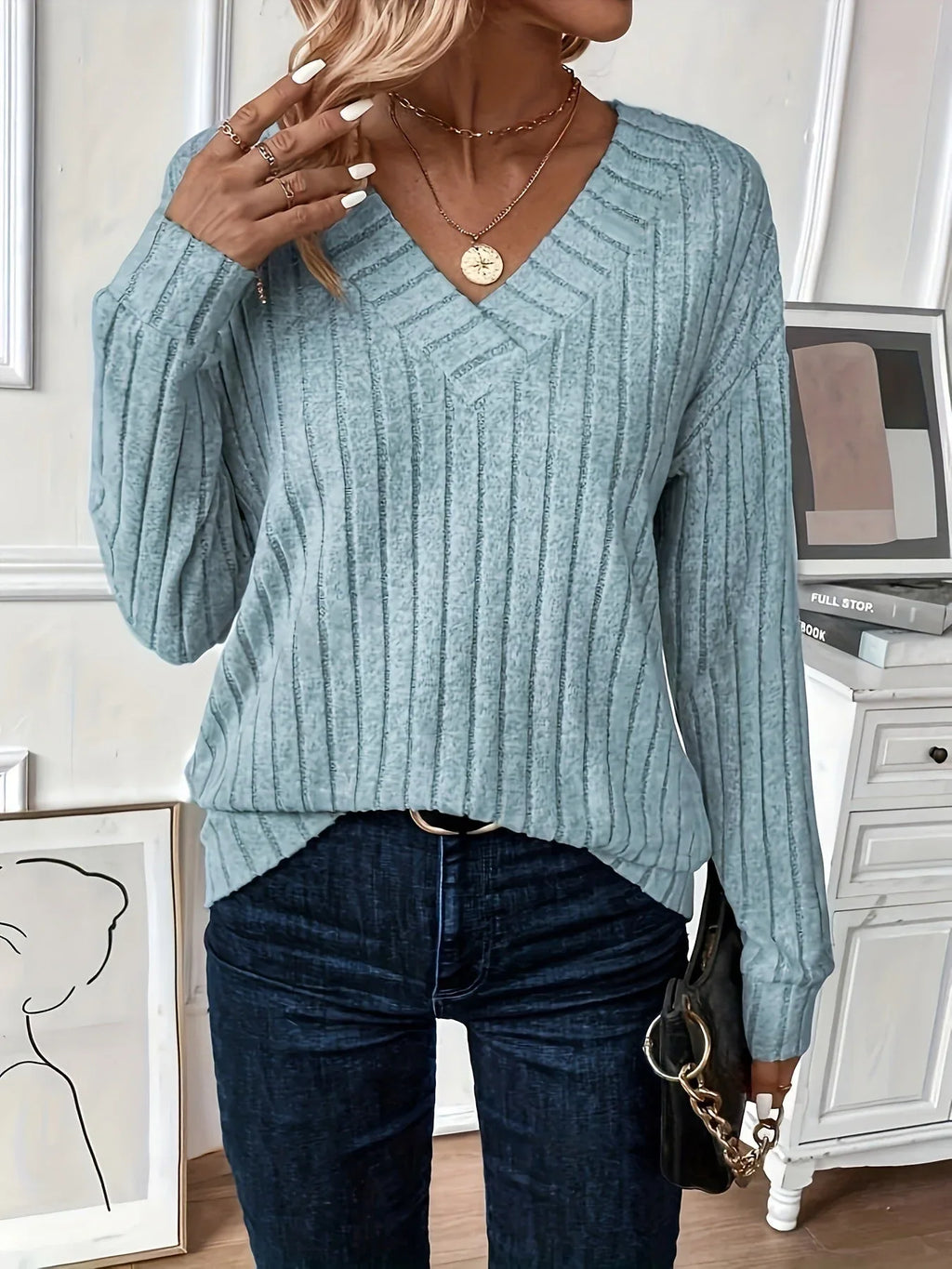 Wide ribbed knit V-neck top - View 8 | WEUXS