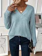 Wide ribbed knit V-neck top - View 8 | WEUXS