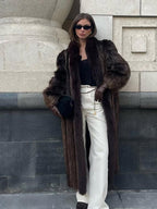 Luxe Espresso Faux Mink Long Coat - WEUXS