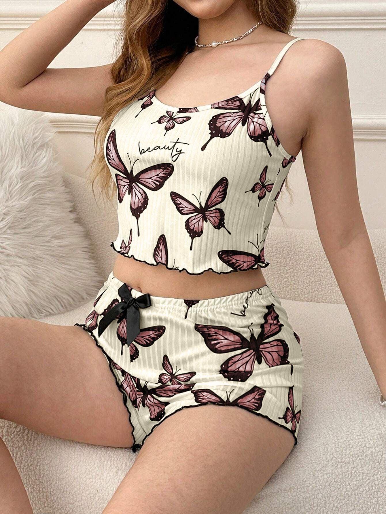 Ribbed butterfly print cami and shorts set - View 25 | WEUXS