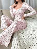 Ribbed floral pajama set with henley neckline and wide-leg pants - View 11 | WEUXS