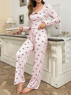 Ribbed Pajama Set with Bow Print - View 7 | WEUXS