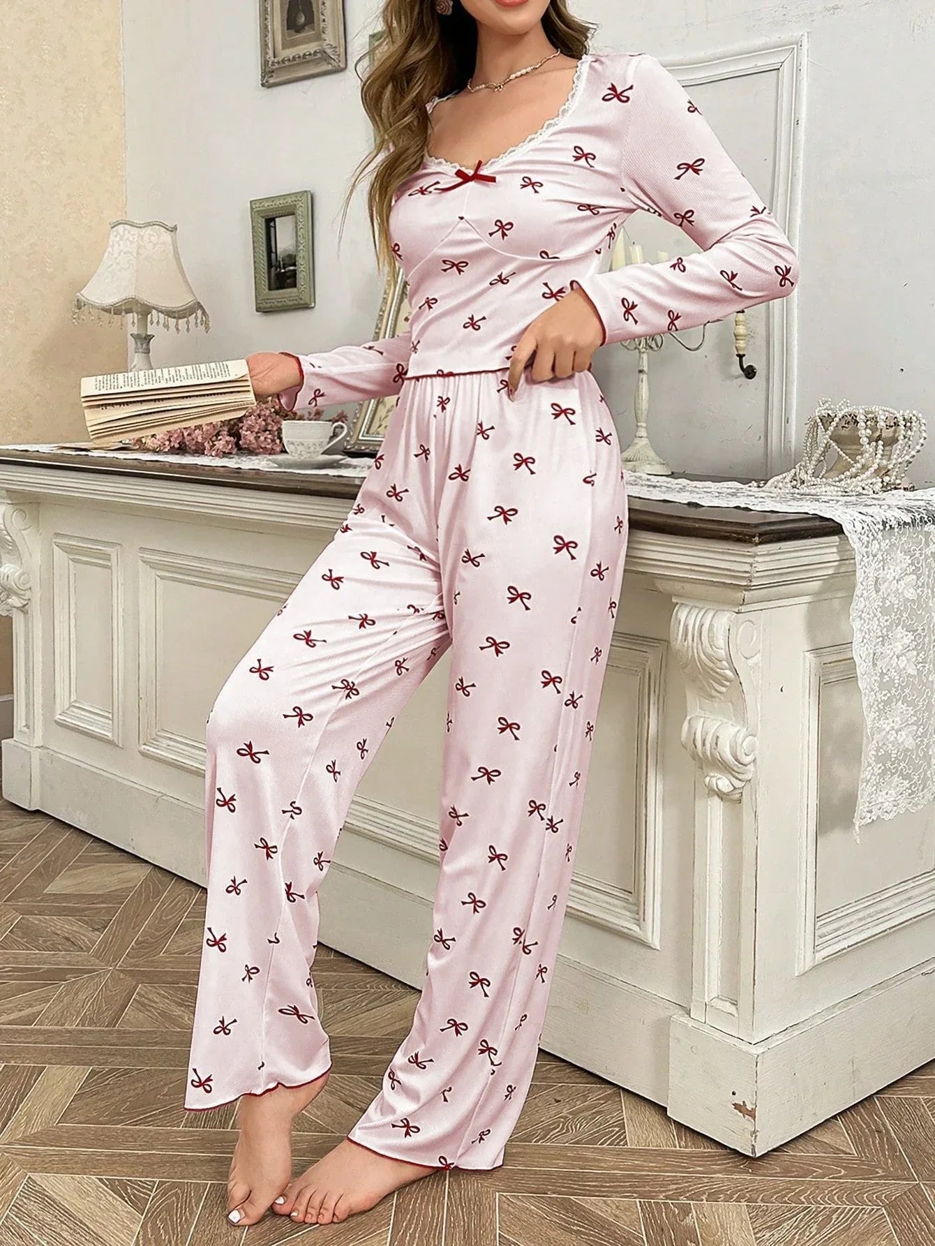 Ribbed Pajama Set with Bow Print - View 7 | WEUXS