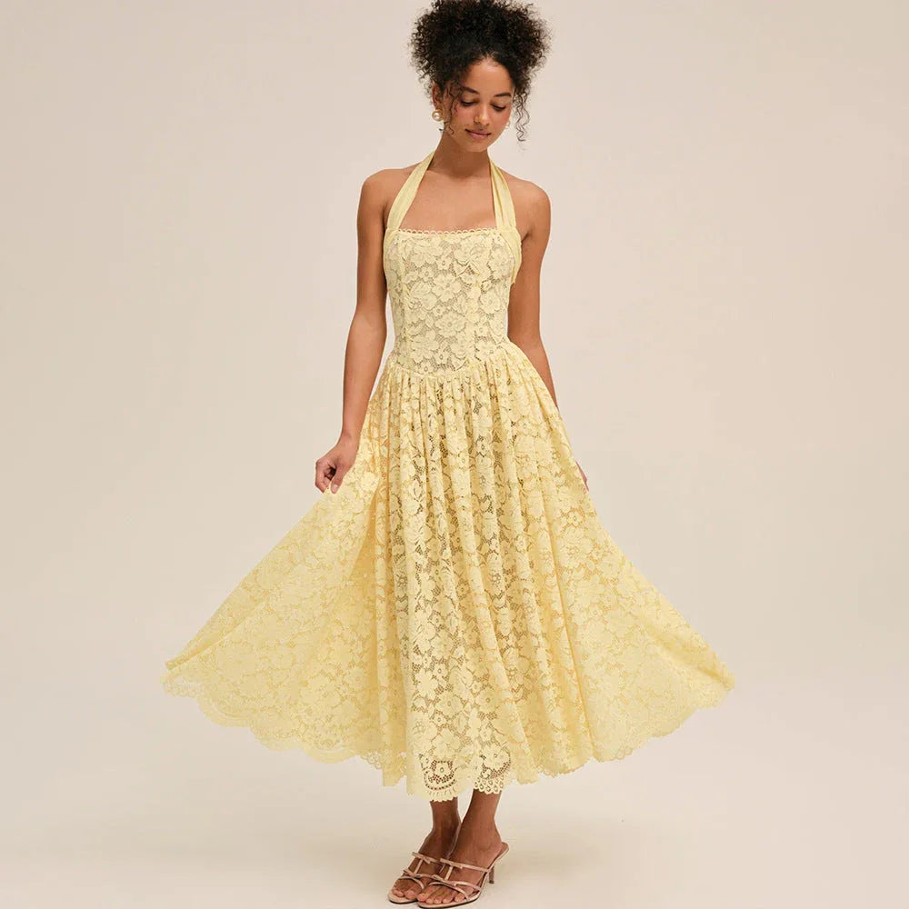 Yellow Lace Midi Dress | WEUXS Secondary image