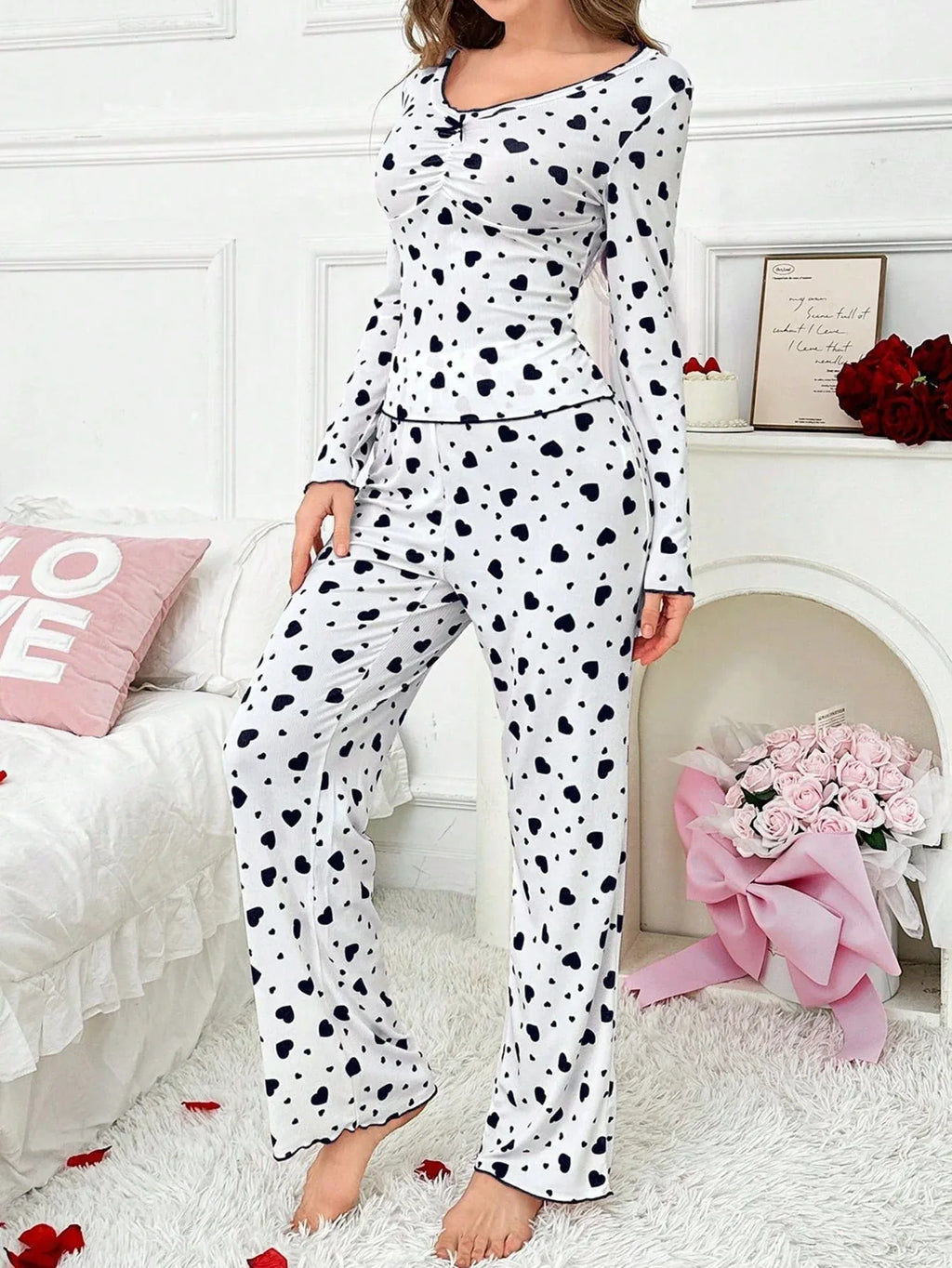 Ribbed Heart Print Pajama Set - View 12 | WEUXS