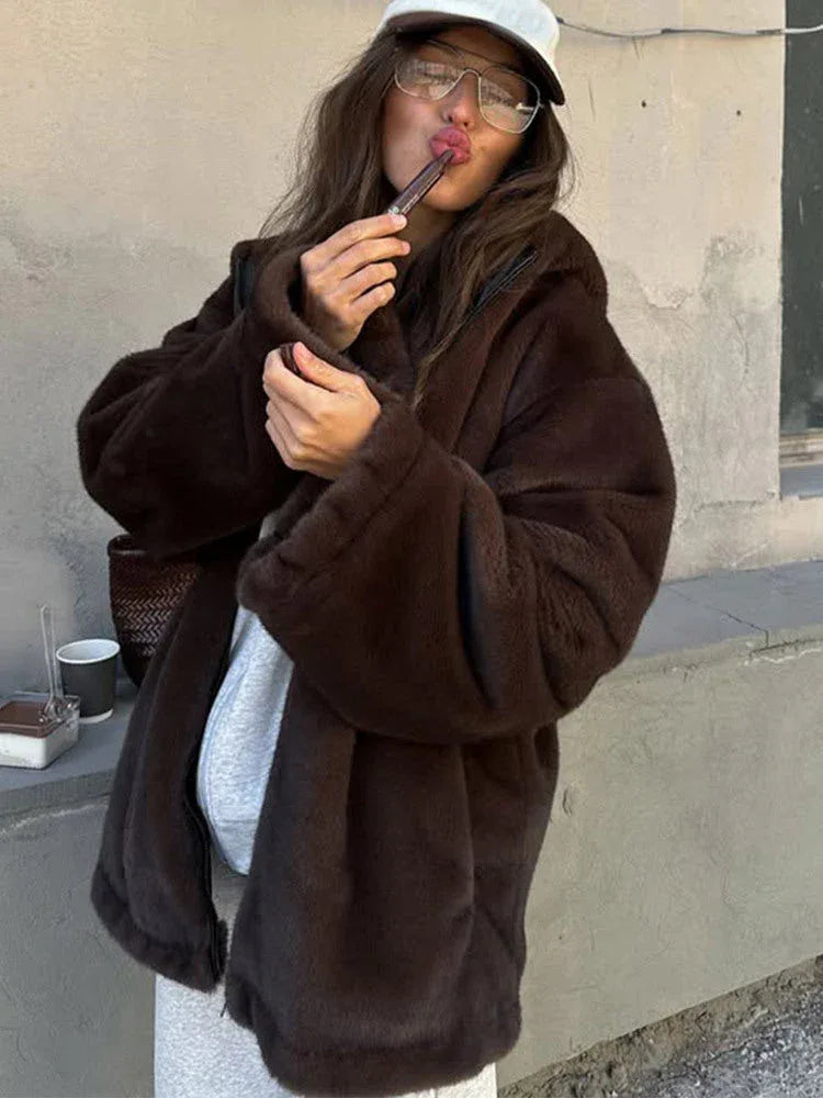 Luxe Chocolate Brown Hooded Faux Fur Jacket - WEUXS